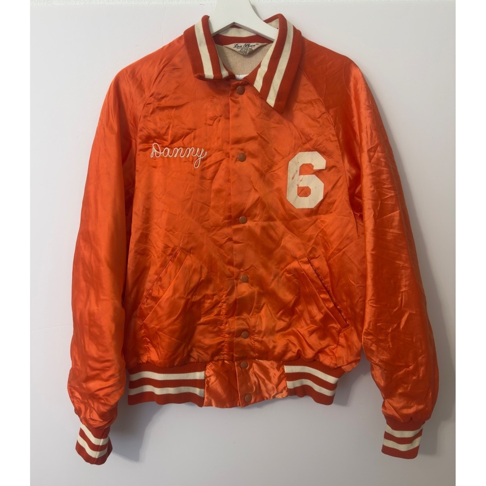 Vintage Don Alleson Varsity Satin Jacket Mens M Orange Drakes Bar 70s Sportswear